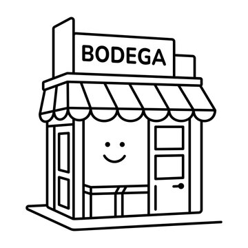 A compact corner shop has an awning, door, window, and storefront sign, illustrating a neighborhood convenience shop. Hand-drawn linework keeps the scene clear.