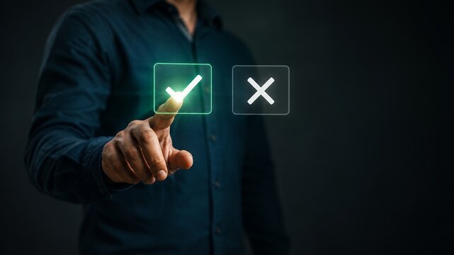 Decision Making Concept with Checkmark and Cross Icons, Approval, Selection and User Choice Interface