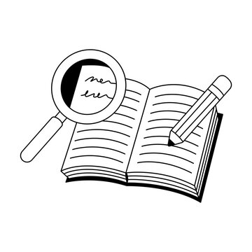 An open book with a pencil and a magnifying glass, suggesting learning and research