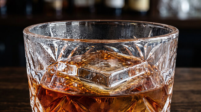 Closeup of a refreshing whiskey drink with a large ice cube in a crystal glass.