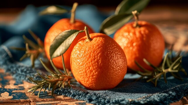 Fresh mandarins with leaves on a blue textile