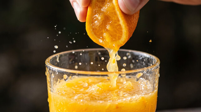 Fresh Orange Juice Being Squeezed into a Glass.