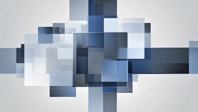 Abstract geometric background with overlapping blue and grey translucent squares and rectangles creating a modern layered design.