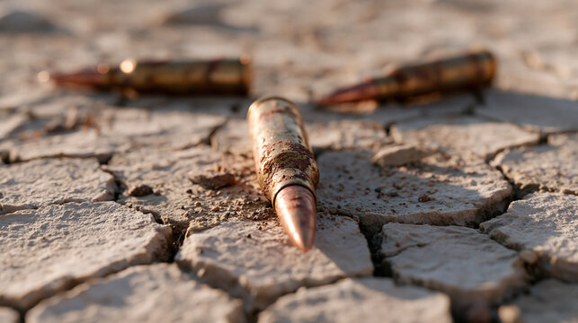 Scattered Rifle Bullets on Barren Cracked Soil Under Warm Outdoor Light