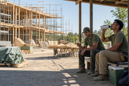 Construction workers taking a break in a shaded structure, drinking water and reviewing a card near a wooden building frame.