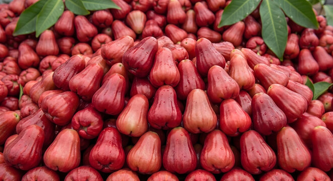 Close up of a pile of fresh ripe red wax apples with green leaves forming a full frame tropical fruit pattern background.