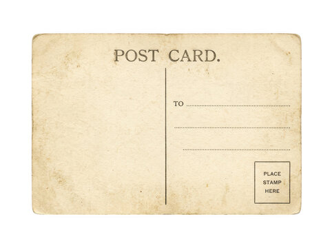 Postcard back with aged paper texture features address lines and stamp section.