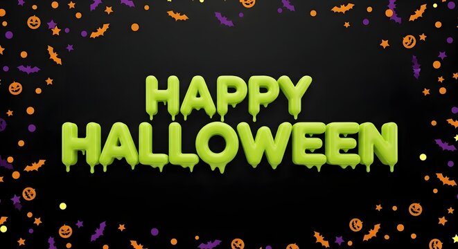 Happy halloween neon green slime text on black background with confetti, bats and pumpkins