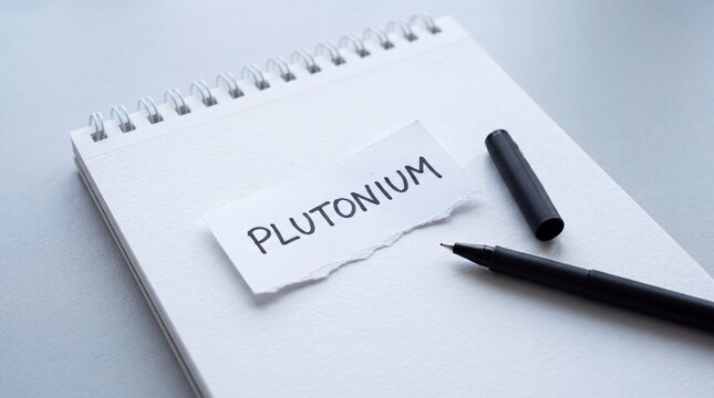 Plutonium written on a torn piece of paper next to a pen on a notepad.
