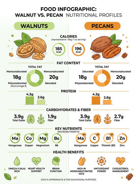 Walnut vs Pecan Nutritional Comparison Infographic Chart for Healthy Diet and Education