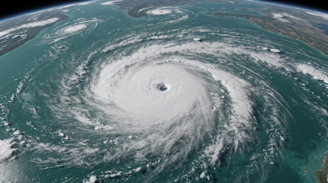 A satellite view of a massive hurricane swirling over the ocean, showing the distinct eye and spiral cloud bands of the storm.