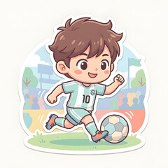 Naklejka premium Cute anime boy playing soccer sticker, young athlete running with football in a stadium, cartoon child soccer player character illustration