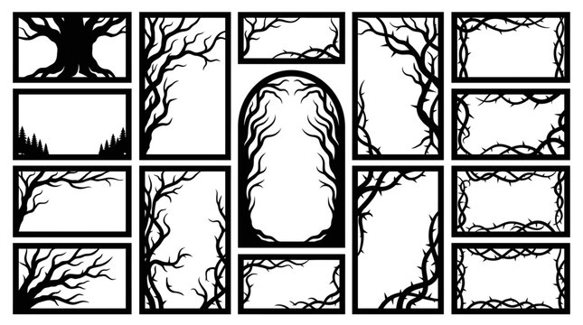 Spooky Tree and Thorn Border Frames Collection, Gothic Silhouette Branches for Laser Cut and Halloween Designs