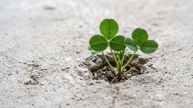 Small green clover plant sprouting vigorously through crack in dry grey concrete surface, symbolizing hope, resilience, perseverance, new beginnings, life force overcoming