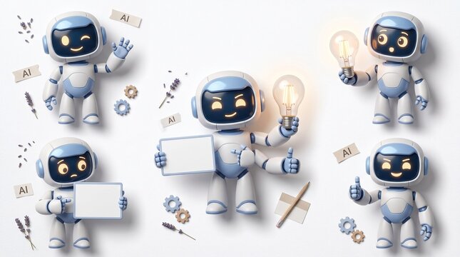 Set of cute 3D AI robot mascot character in various friendly working poses isolated
