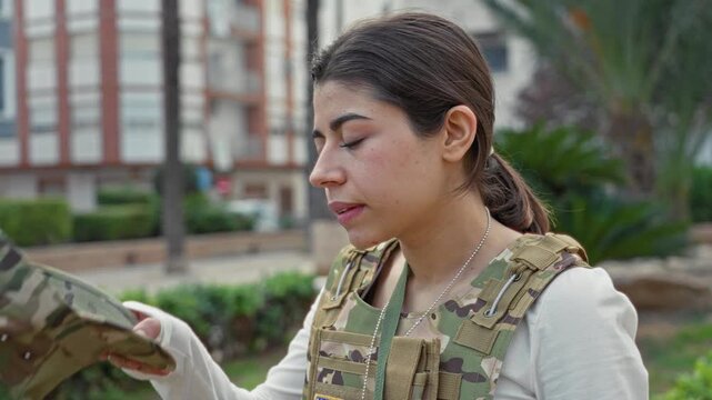 Woman soldier adjusts camouflage cap and grips brim while wearing tactical vest with us flag patch on a street; duty focus.