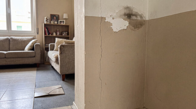 Distressed interior wall with peeling paint, visible cracks, and water damage leading to mold growth.