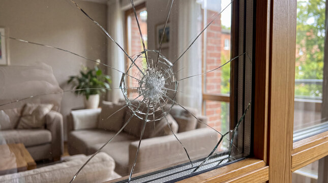 Modern wooden window frame with a prominent starburst impact crack in the glass pane, with blurred living room interior.