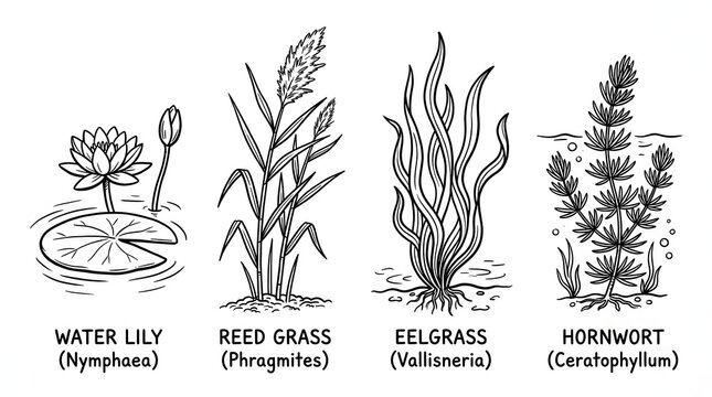 Clean Line Art Concept Design Depicting Various Types of Aquatic Flora