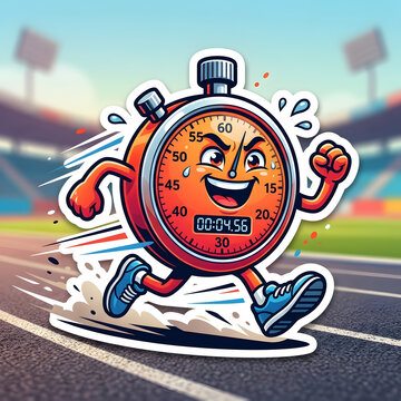 Cartoon running stopwatch character sticker on an athletics race track
