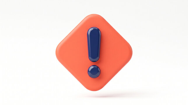 3d render of an orange rounded square icon with a glossy dark blue exclamation mark symbol, isolated on white background
