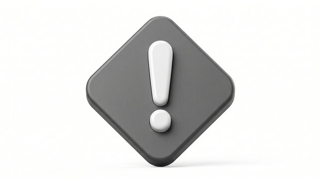 3d render of a grey rounded square icon with a white exclamation mark symbol, representing a warning, alert, or important notification, isolated on white background