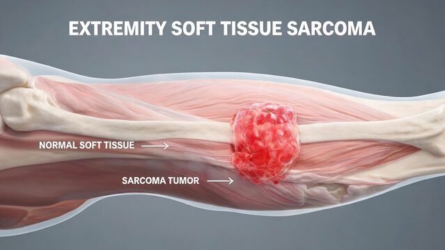 Extremity soft tissue sarcoma 3D anatomical render, horizontal limb view comparing normal soft tissue and sarcoma tumor