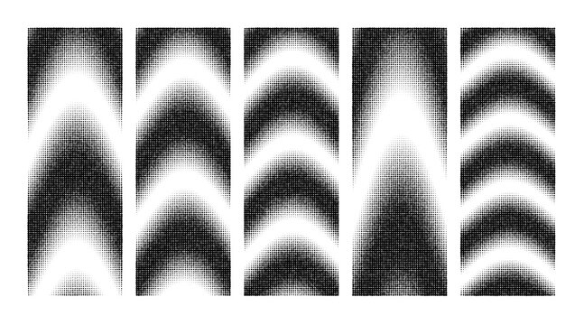 Halftone Dot Gradient Set. Retro Print Texture Panel With Wave Arch Fade Pattern. Comic Pop Art Dotted Background, Vertical Banner Design