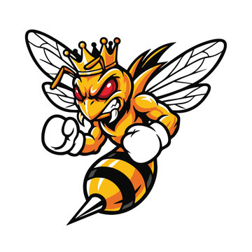 Angry Bee King With Crown and Boxing Gloves: A stylized illustration of an angry bee wearing a golden crown and white boxing gloves, ready to fight. Its wings are spread.