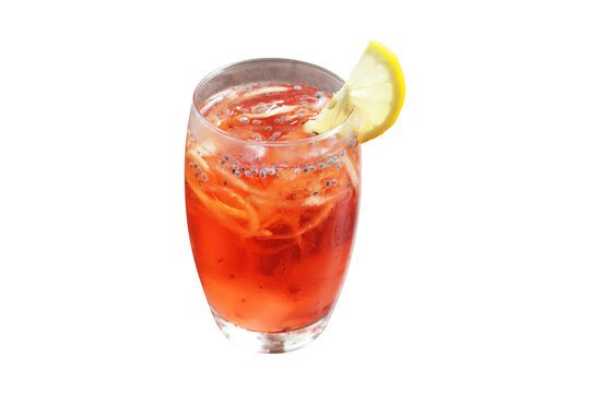 Refreshing Iced Red Syrup Drink With Lemon Slice And Basil Seeds