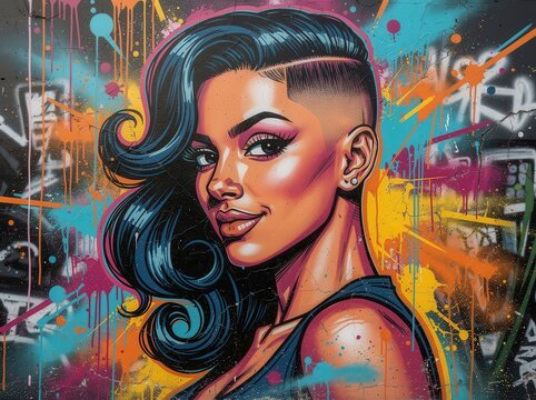 A vibrant graffiti portrait of a confident woman with a stylish undercut hairstyle, set against a colorful, dynamic urban street art backdrop.