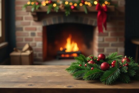 Rustic wooden table, Christmas wreath, fireplace flames , decoration, festive, vintage