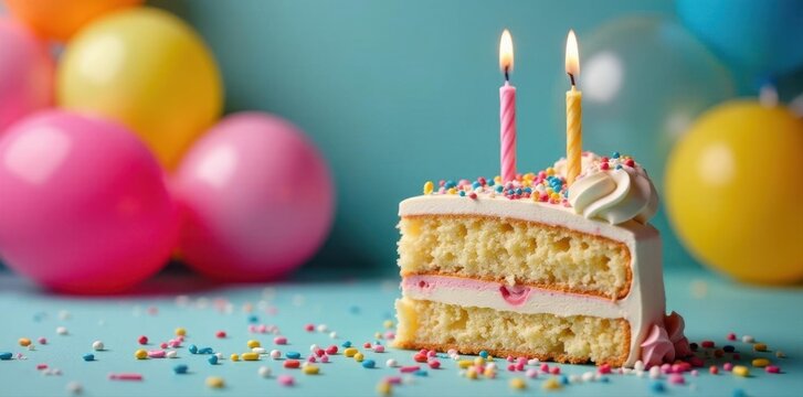 Single candle in birthday cake slice, colorful balloon backdrop , balloons, sweet treat, whipped cream
