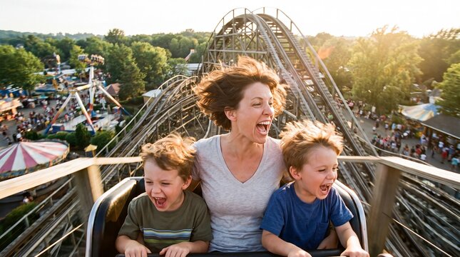 Family enjoys thrilling roller coaster ride at amusement park during sunny day.