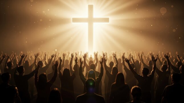 A large crowd raises hands worshipping a glowing cross illuminated by radiant light beams in a spiritual gathering.