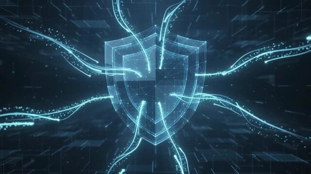 Digital security shield with glowing blue lines and data streams, representing cybersecurity and network protection
