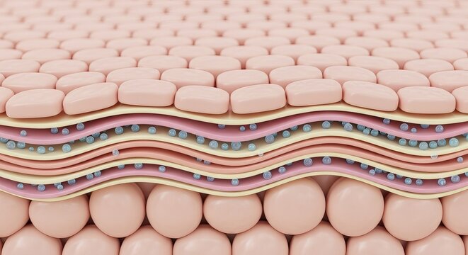 Cross section of human skin structure showing layers and cellular cells
