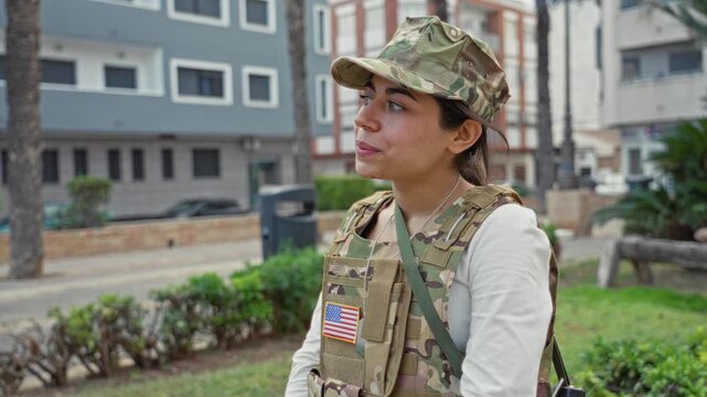 Woman soldier in camouflage vest looking up with face visible and usa flag patch on uniform on a street with buildings; pride duty.