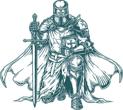 Hand Drawn Templar Knight with Sword and Holy Book, Christian Crusader Warrior, Vintage Carving Medieval Design, Templar Vector Illustration
