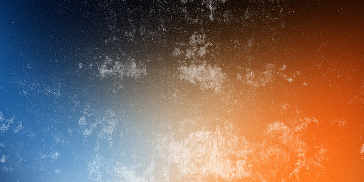 Abstract grunge texture background with cosmic dust particles and distressed white pattern blending from deep blue to vibrant orange gradient, ideal for creative backdrops or overlays.