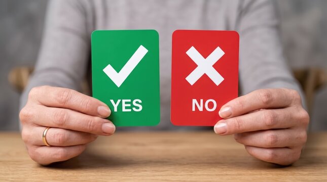 Person Holding Green Yes and Red No Sign Cards at Wooden Table