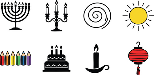 Naklejka premium Holiday, celebration, and decorative vector illustration set featuring menorah, candelabra, spiral pattern, yellow sun, colored pencils, birthday cake with candles, single burning candle in holder