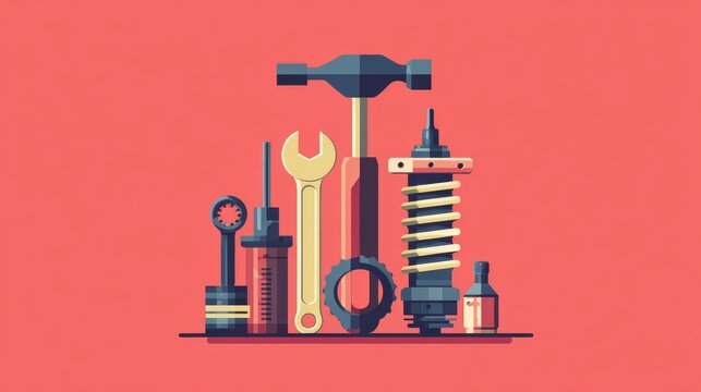Vector mechanical repair toolkit illustration, minimal design featuring hammer, wrench, screwdriver, piston and spark plug isolated for service icon use