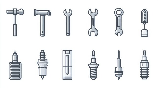 Flat line vector icons showing essential tools hammer, wrench, screwdriver, piston and spark plug, technical clean look, isolated on simple white background