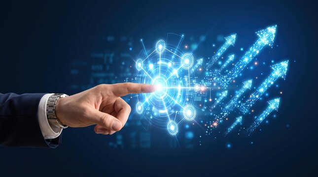 Hand touching glowing digital network interface with rising arrows, illustrating technological innovation, connectivity, data flow, and exponential business growth