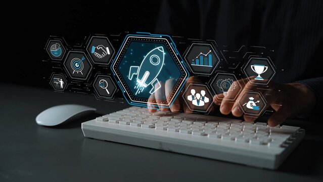 Futuristic Workspace with Hands Typing on Keyboard and Digital Rocket Launch Icons Representing Growth and Innovation in Business Strategy Sigmoid