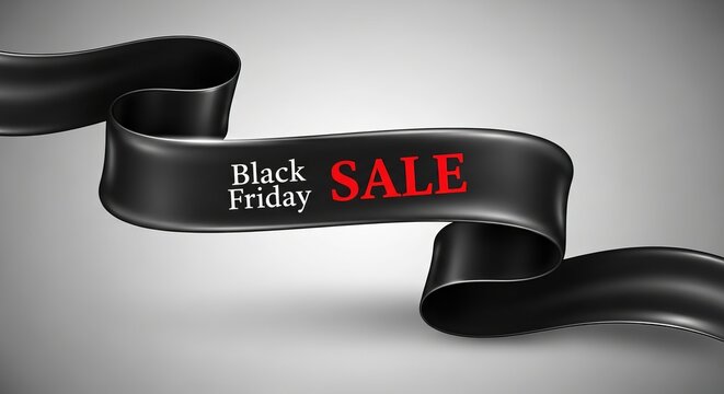 Black friday sale banner with dark curved ribbons and red lettering on grey