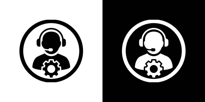 Customer service representative icon with a gear symbol representing technical support and troubleshooting assistance for business clients