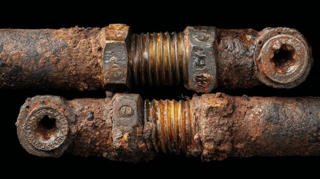 Dark industrial composition of rusty pipes and corroded metal screws isolated on black background, textures showing heavy decay and age