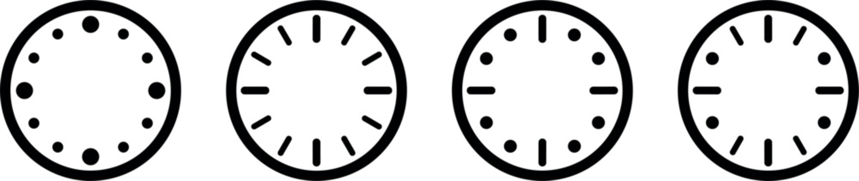 Minimalist clock face blank dial template icon set featuring dots and dashed line indicators vector illustration for time design